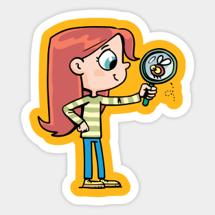 girl looks through a magnifying glass at a flying bug Sticker